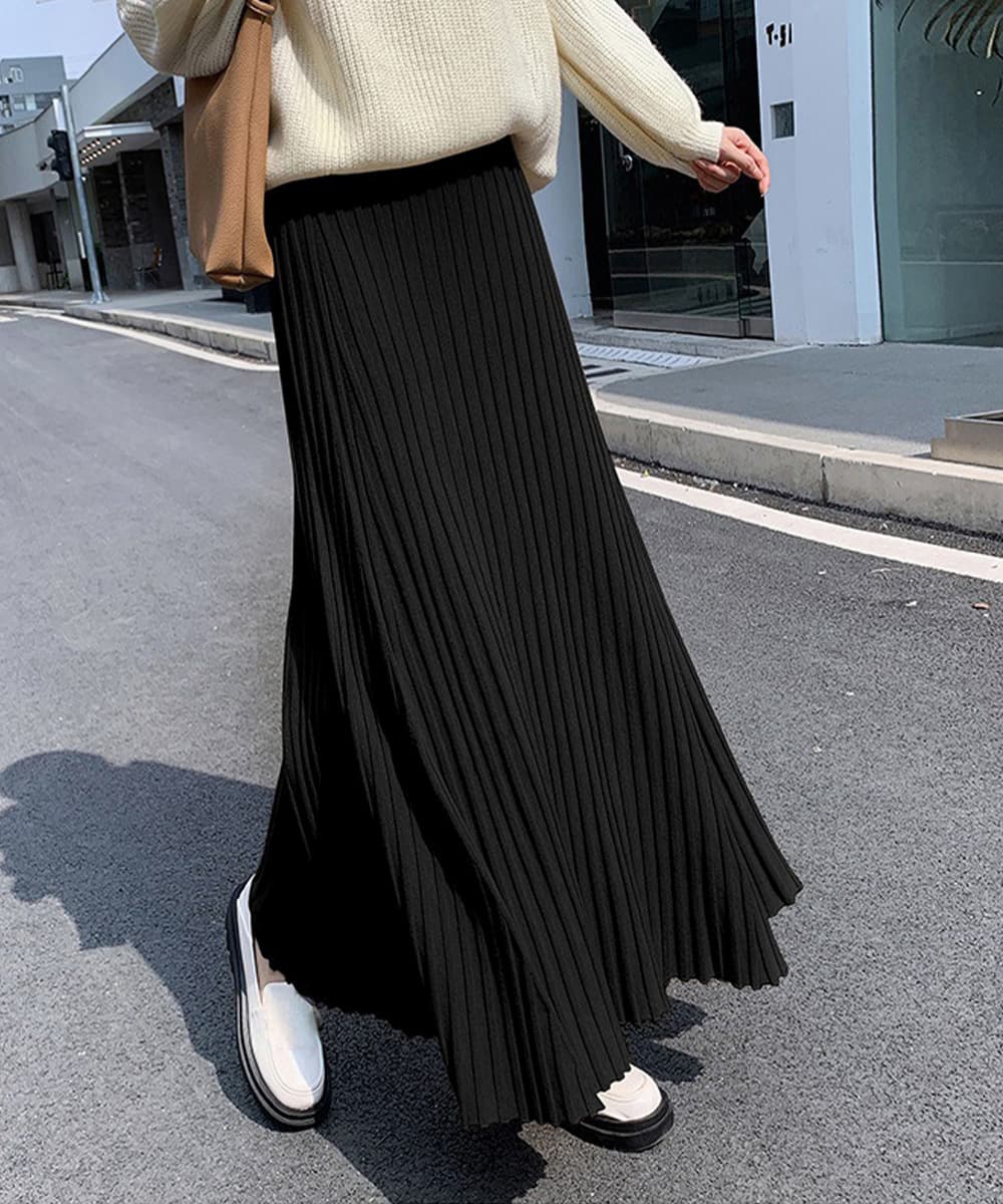 大人かわいい服 優美プリーツニットスカート 秋冬フレアロング