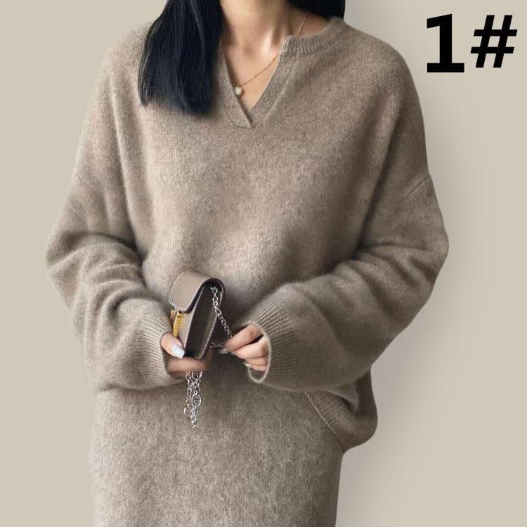 大人かわいい服 上品なブイネックニットセットアップ体型カバー長袖二点セット