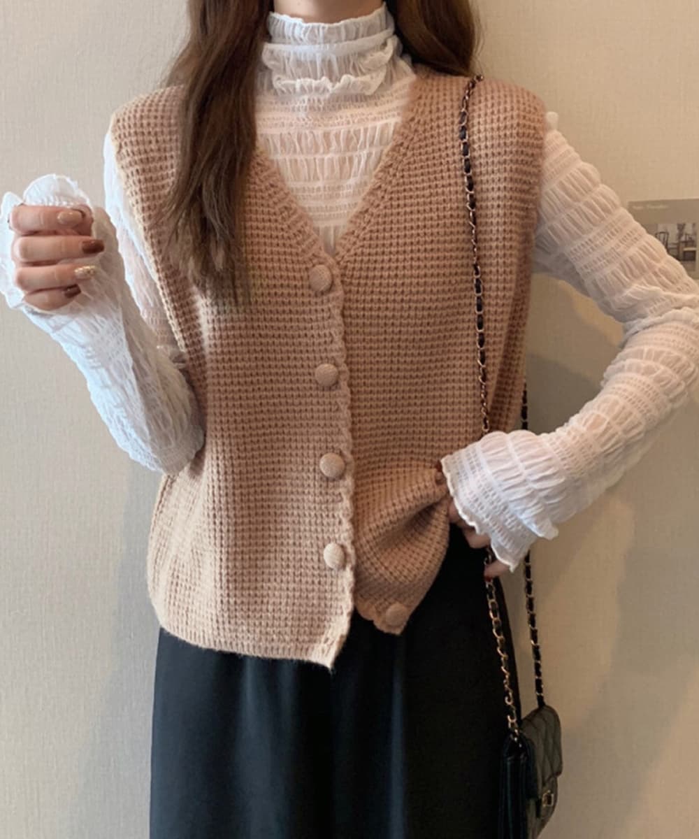 大人かわいい服 ニット風ベスト 深めブイネック レディース トップス ジレ