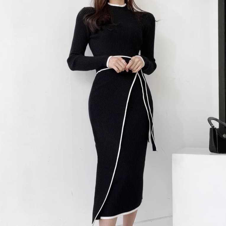 大人かわいい服 配色パイピングリボン付きリブニットワンピース