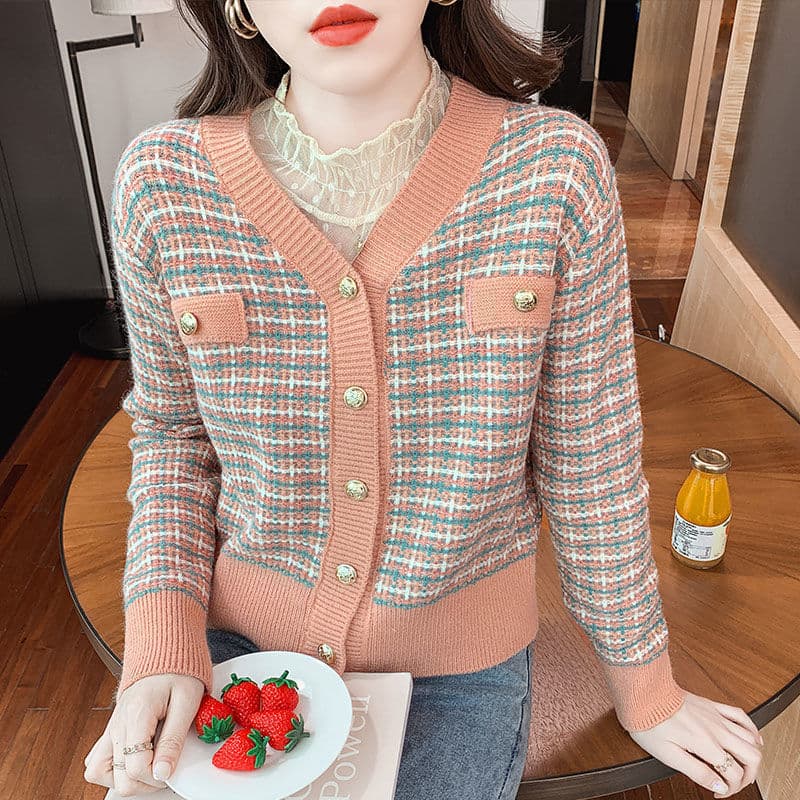 大人かわいい服 チェック柄ニットカーディガン