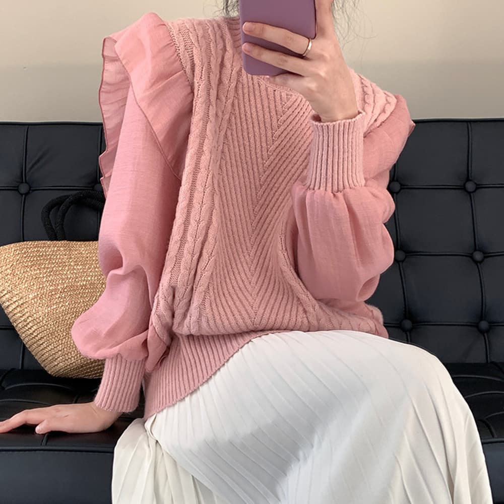 大人かわいい服 フリル袖リブニットトップス 上品フェミニン