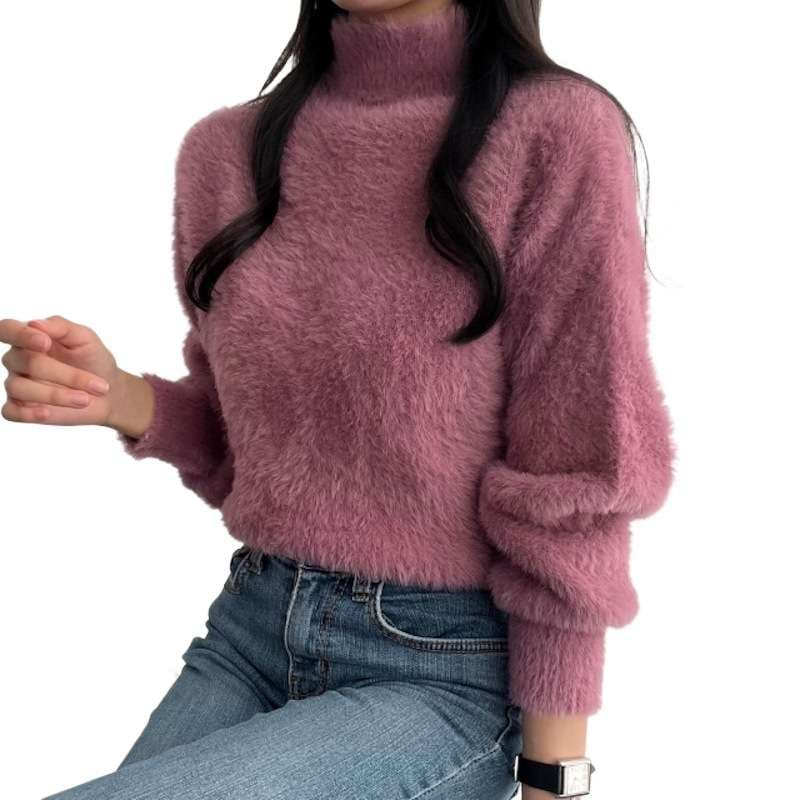 大人かわいい服 ふわふわモコモコ高襟ニットセーター