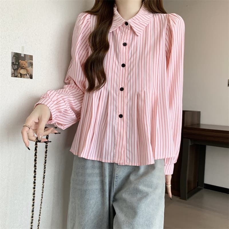 大人かわいい服 ストライプギャザー フレアブラウス
