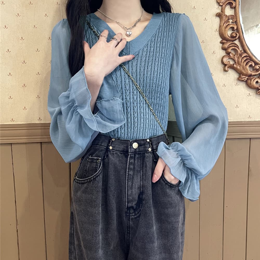 大人かわいい服 ふんわりシフォン袖 ケーブル編みニットトップス