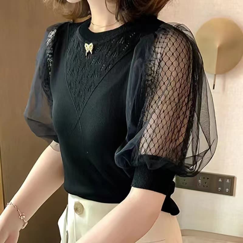 大人かわいい服 レース切替シアースリーブブラウス