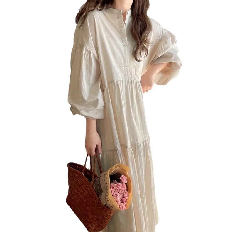 大人かわいい服 スタンドカラー紐付きシャツワンピース