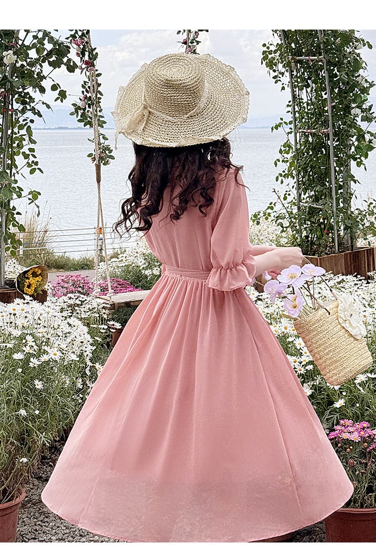大人かわいい服 ふんわりシフォン袖フリルリボンワンピース