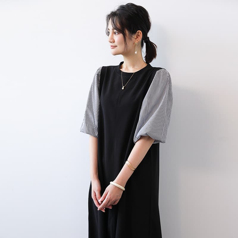 大人かわいい服 異素材パフスリーブ切替ミディ丈ワンピース