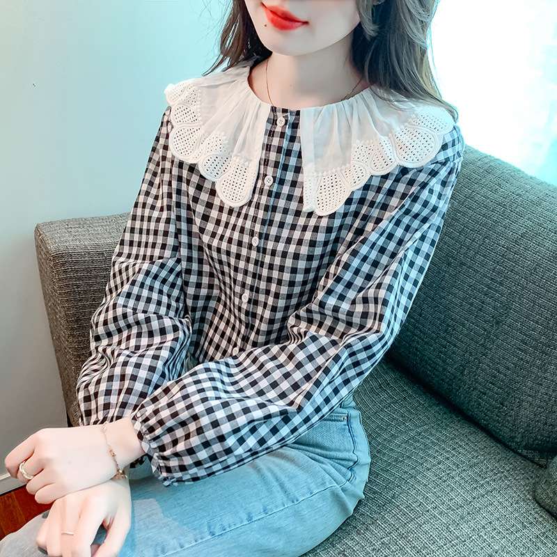 大人かわいい服 上品カジュアル フリルカラーチェックシャツ