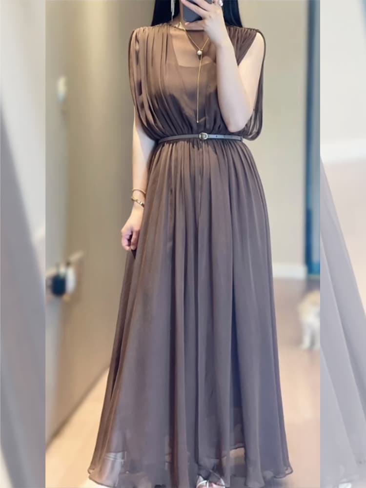 大人かわいい服 優美シフォン プリーツロングワンピ