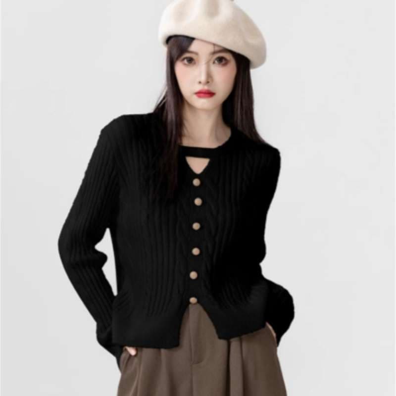大人かわいい服 カットアウトデザイン リブカーディガン