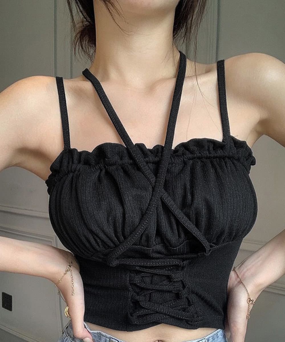 大人かわいい服 フリル編み上げニットキャミトップス