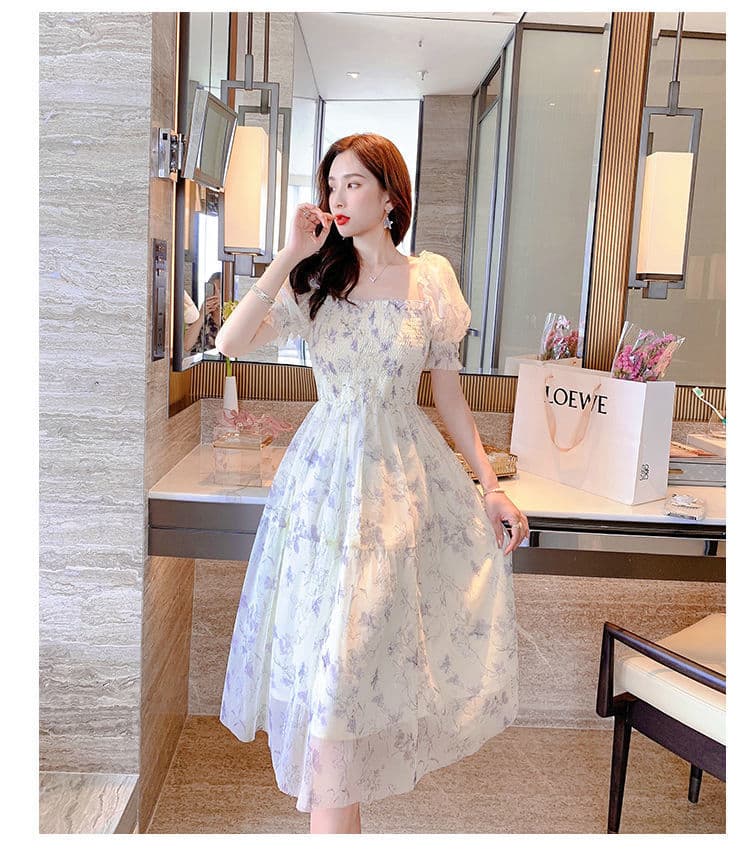 大人かわいい服 花柄刺繍シアーパフスリーブロングワンピース