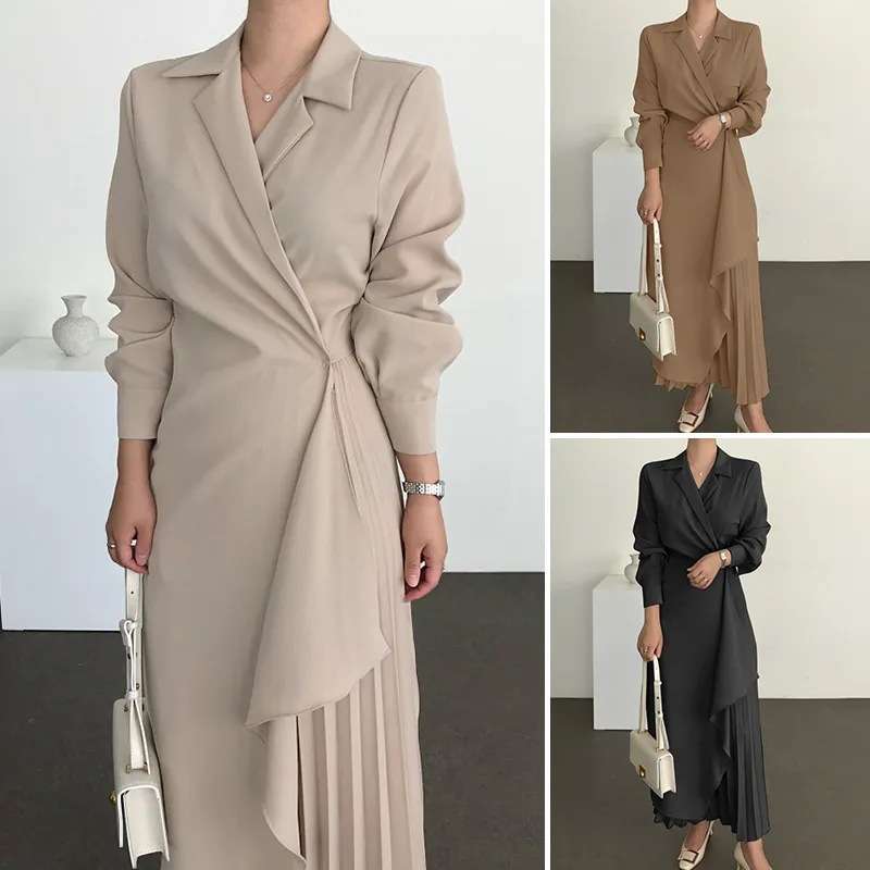 大人かわいい服 ウエストドレープ ラップロングワンピース
