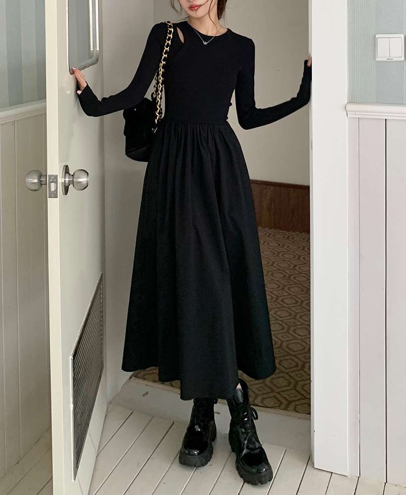 大人かわいい服 エレガントフレアロングワンピース