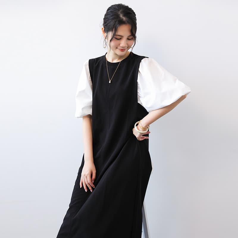 大人かわいい服 異素材パフスリーブ切替ミディ丈ワンピース