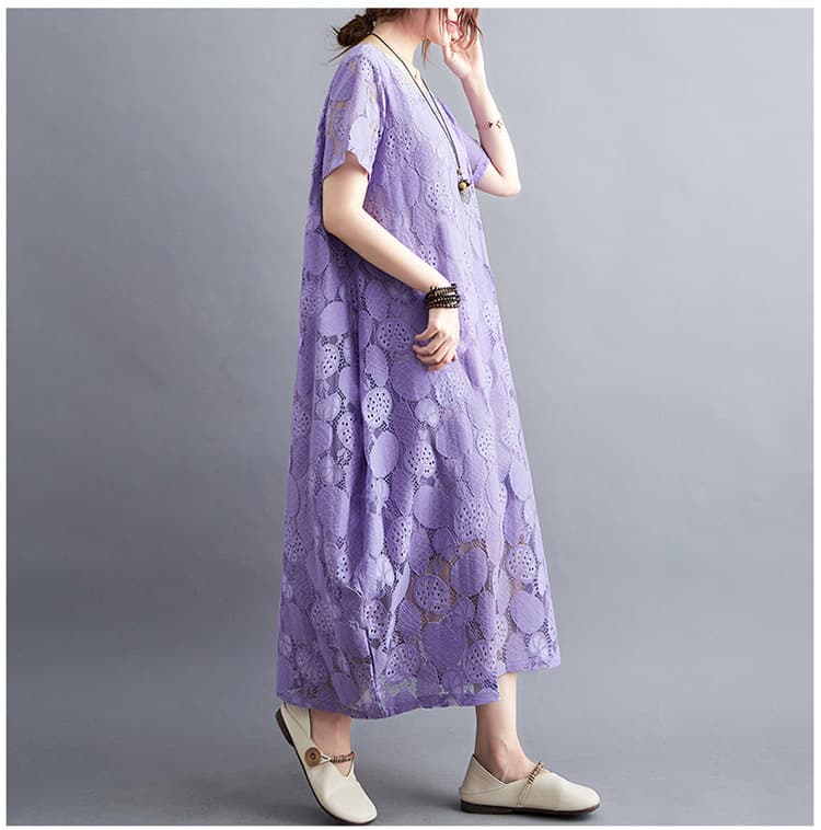 大人かわいい服 花模様レース透かしゆったりワンピース