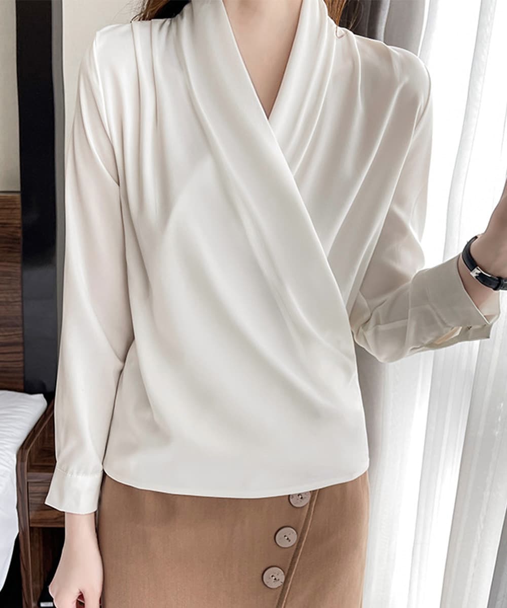 大人かわいい服 とろみ素材 カシュクール シャツブラウス