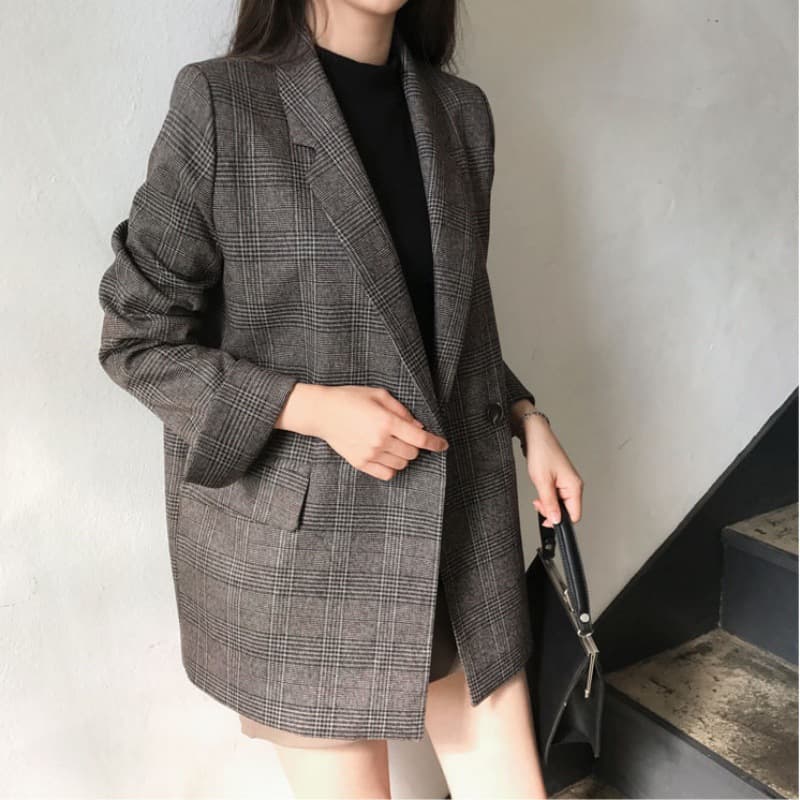 大人かわいい服 グレンチェック柄ダブルボタンロング丈テーラードジャケット