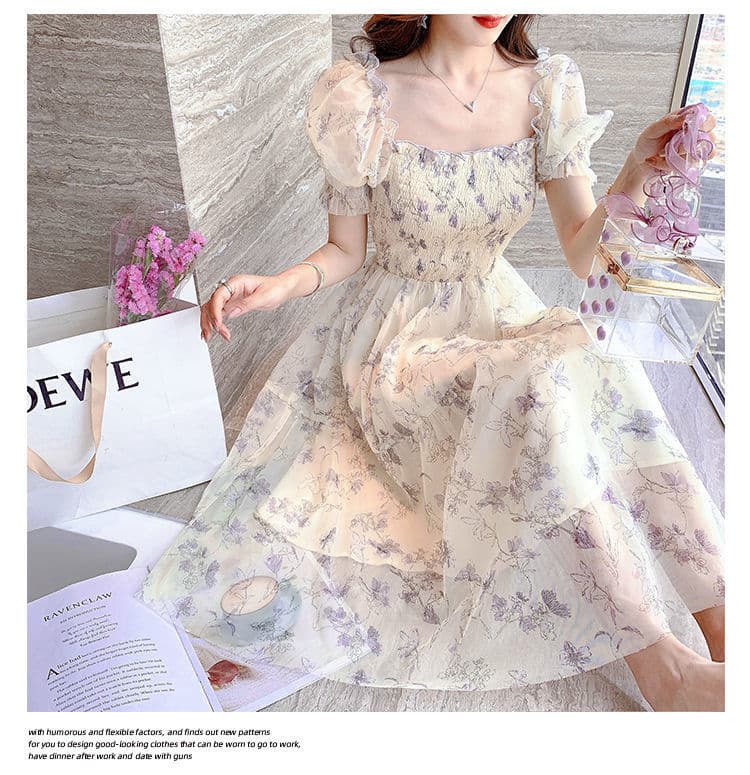 大人かわいい服 花柄刺繍シアーパフスリーブロングワンピース