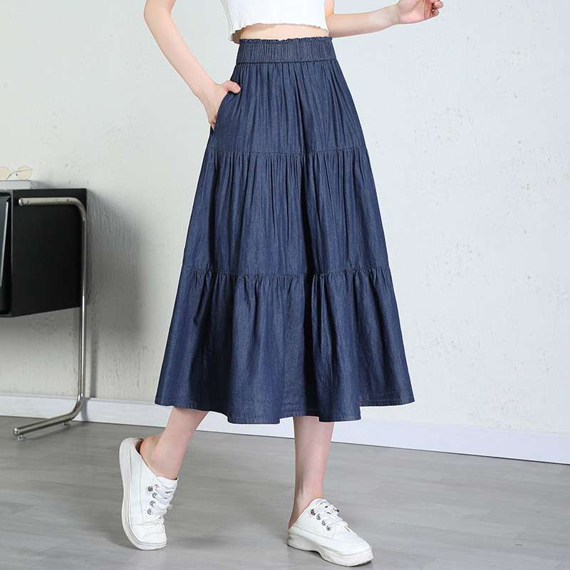 大人かわいい服 ティアードフレアデニムロングスカート