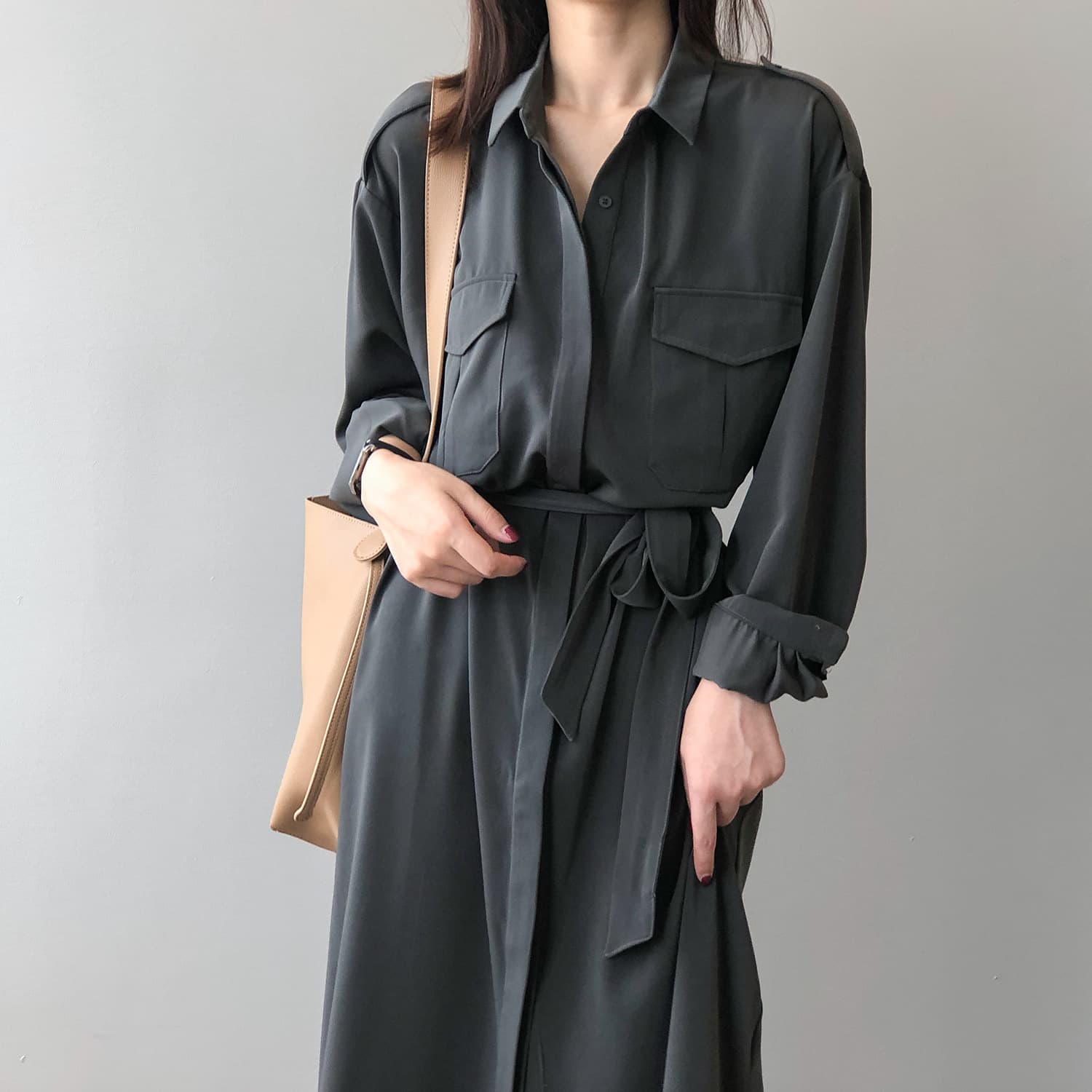 大人かわいい服 大人可愛いウエストマークシャツワンピース