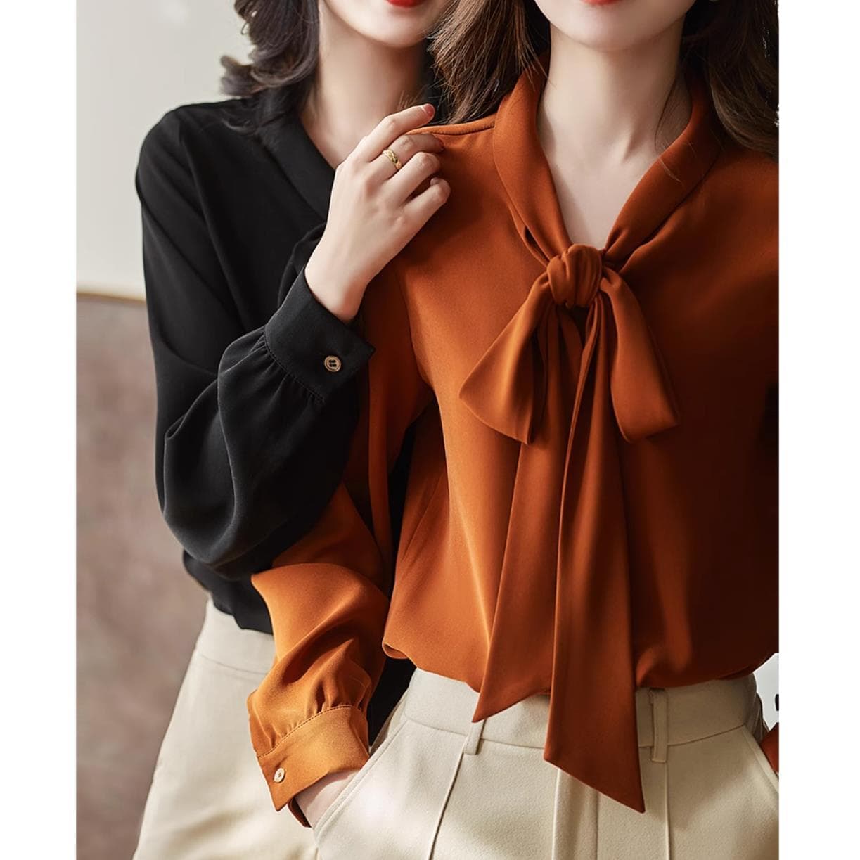 大人かわいい服 シャーリング×リボンタイ ブラウス