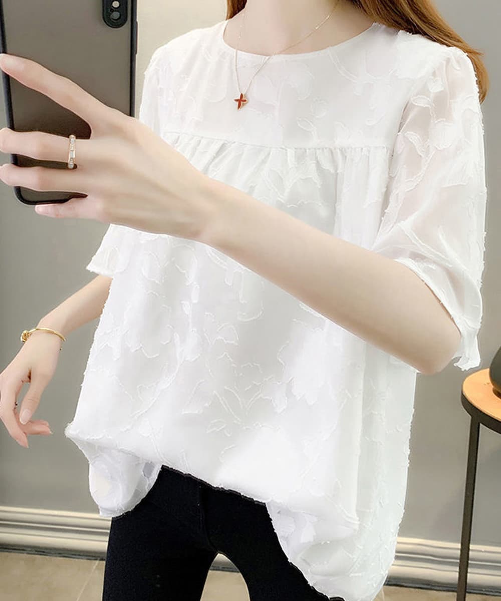 大人かわいい服 花柄ジャガード フレア袖シアートップス 夏向け