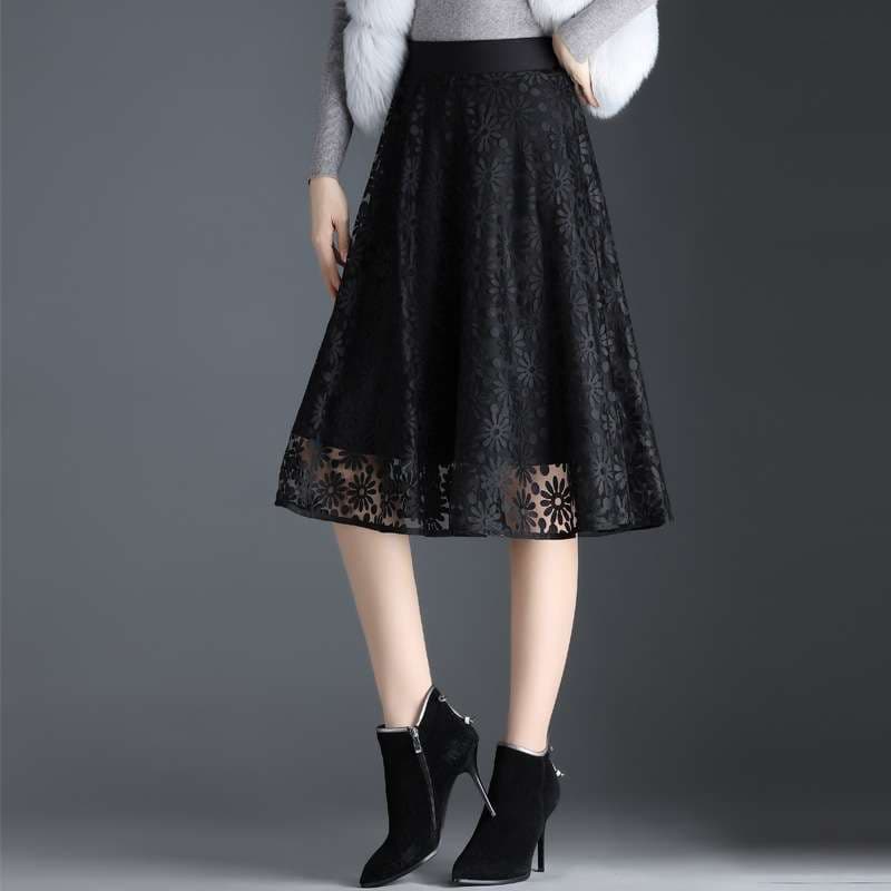 大人かわいい服 花柄レース フレアスカート
