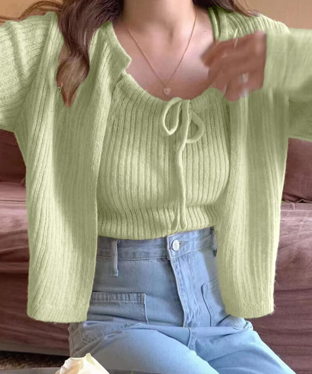 大人かわいい服 韓国風リボンニットカーディガンキャミソール二点セットトップス