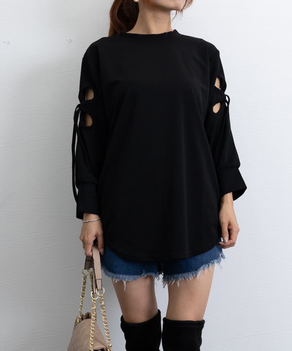 大人かわいい服 袖リボンカットソー ゆったりトップス 体型カバー