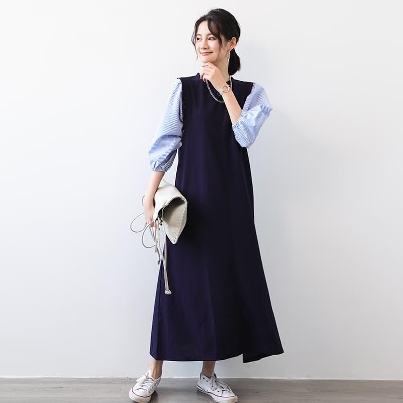 大人かわいい服 異素材パフスリーブ切替ミディ丈ワンピース