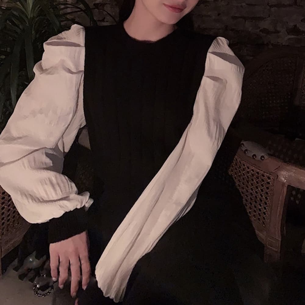 大人かわいい服 パフスリーブ 袖異素材 ニットワンピース