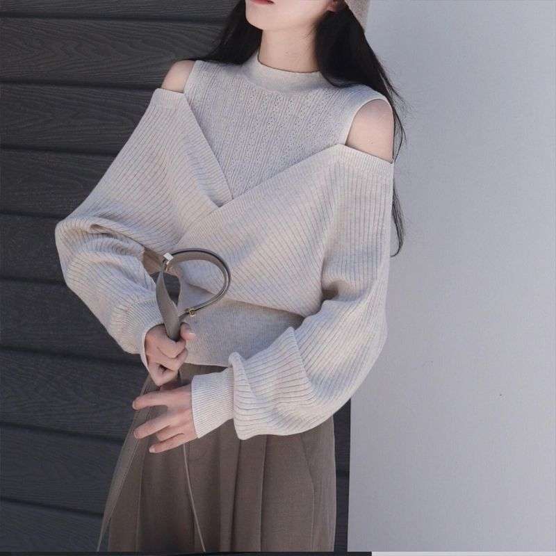 大人かわいい服 透かし編み肩開きリブニットトップス