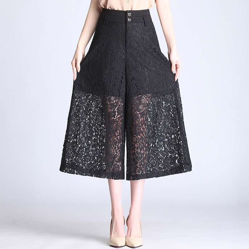 大人かわいい服 花柄レース 透け感ワイドクロップドパンツ