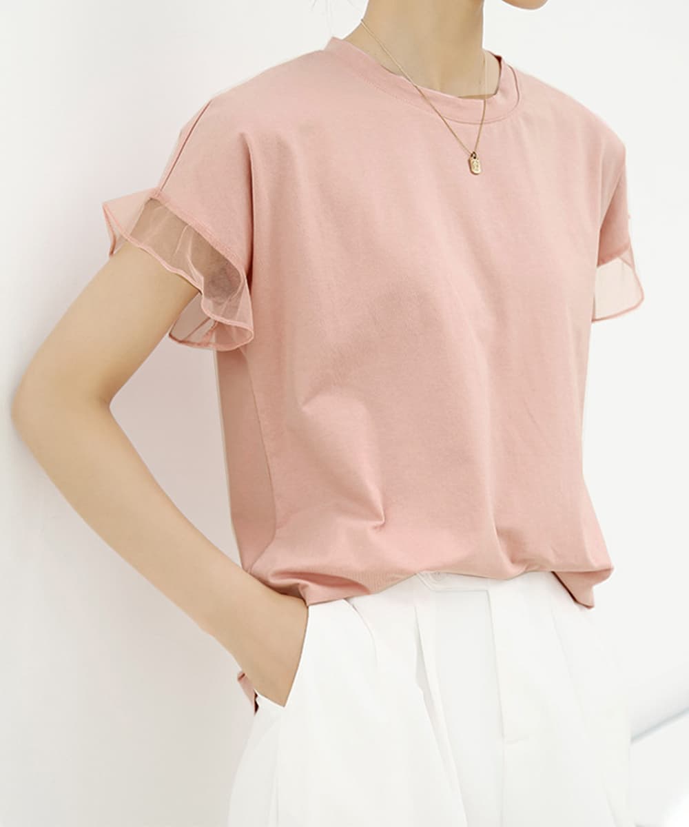 大人かわいい服 シアー袖トップス チュール切替えカットソー