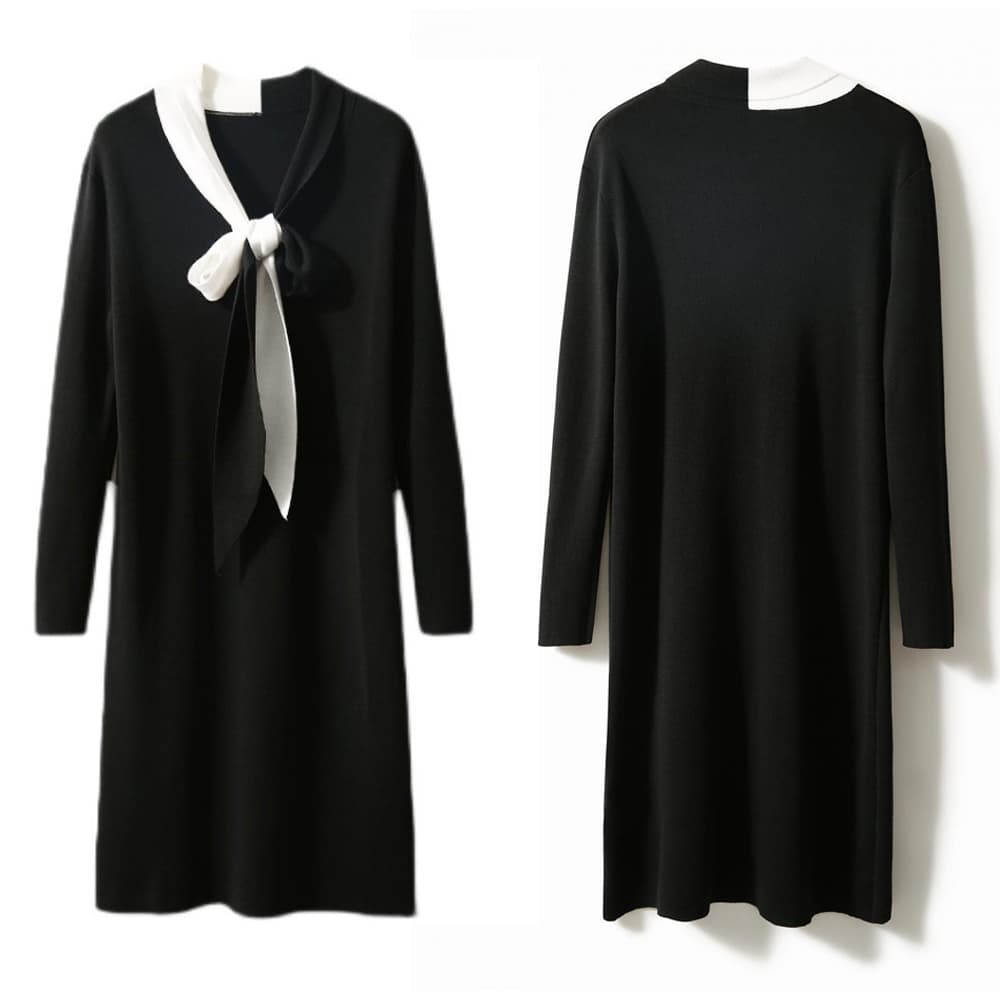 大人かわいい服 リボン付きVネックニットワンピース
