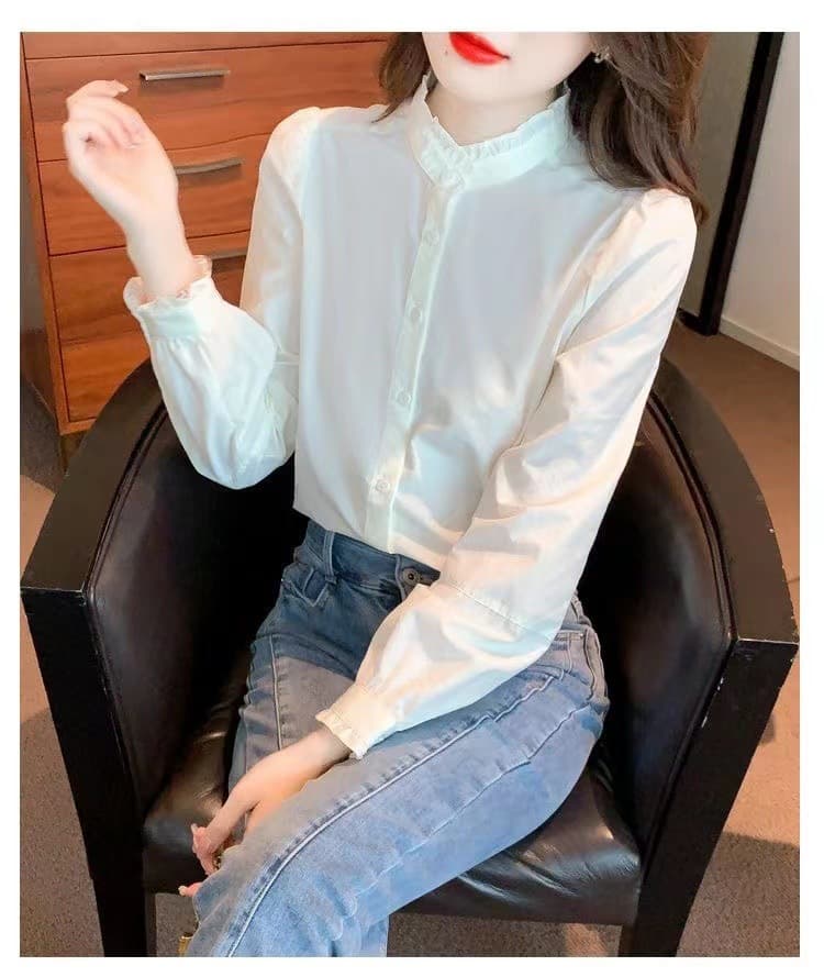 大人かわいい服 フリルスタンドカラーロングスリーブシャツ