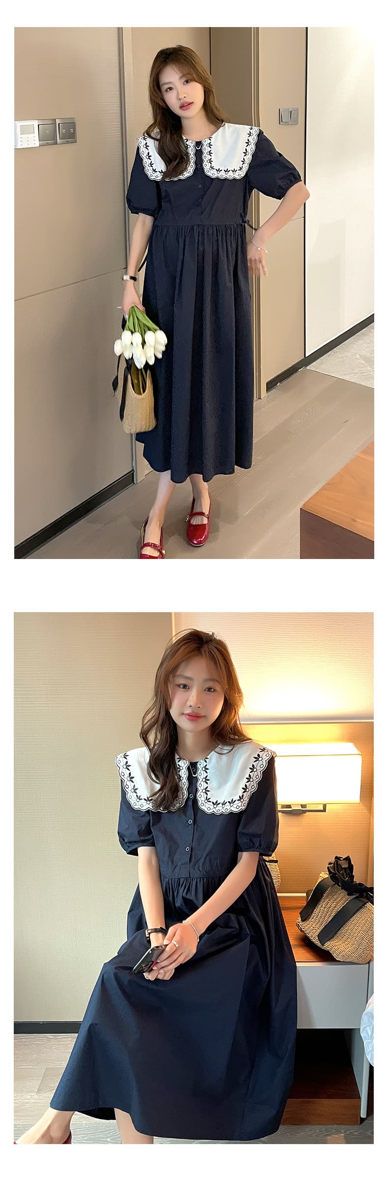 大人かわいい服 刺繍レース襟付きパフスリーブワンピース