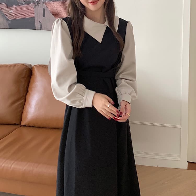 大人かわいい服 フレンチスタイル 配色襟レイヤード風ワンピース