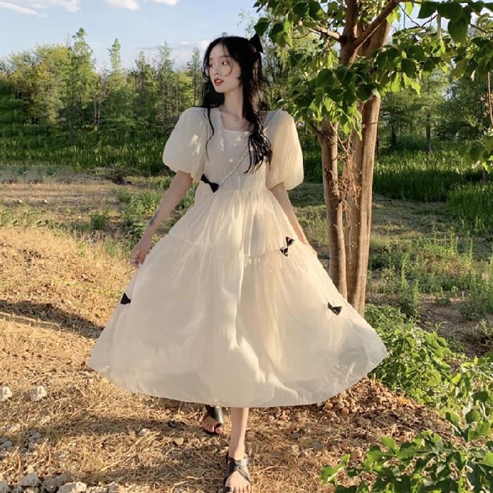 大人かわいい服 森ガールチュールワンピース リボン装飾