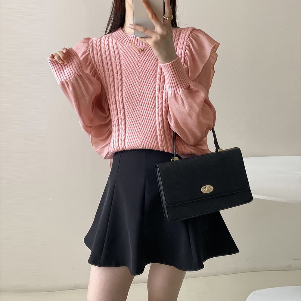 大人かわいい服 フリル袖リブニットトップス 上品フェミニン