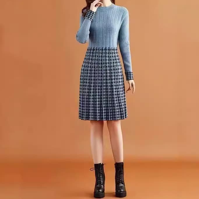 大人かわいい服 チェックプリーツ切替リブワンピース