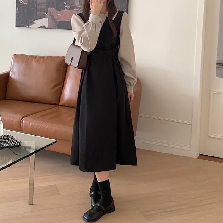 大人かわいい服 フレンチスタイル 配色襟レイヤード風ワンピース
