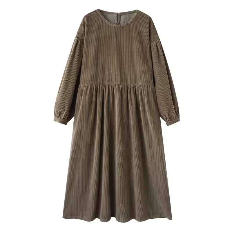 大人かわいい服 ウエスト切替 ふんわりコーデュロイワンピース