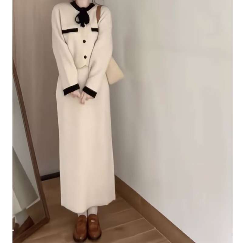 大人かわいい服 リボンタイ付きクラシカルニットセット