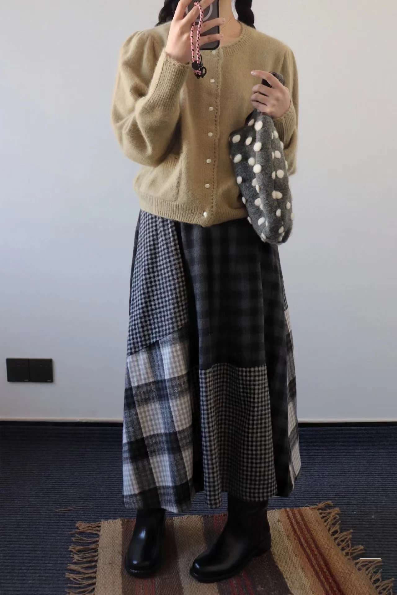 大人かわいい服 ミックスチェックパッチワークスカート