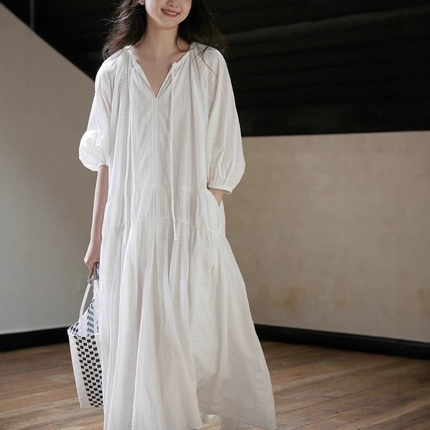 大人かわいい服 フレンチシックリボン＆ギャザーロングワンピース