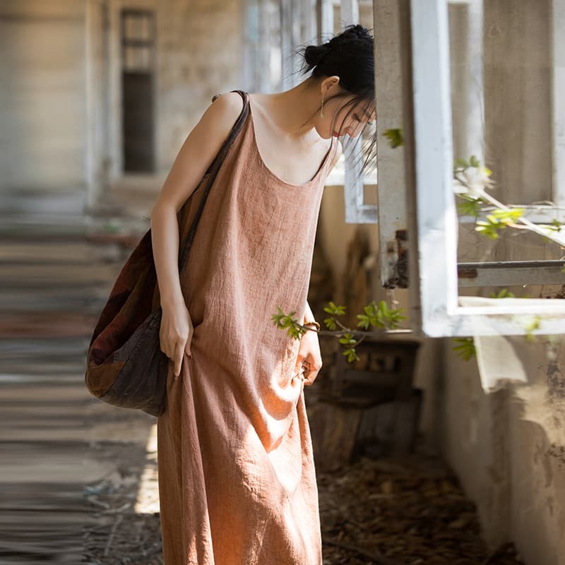 大人かわいい服 リネン混素朴キャミソールワンピース